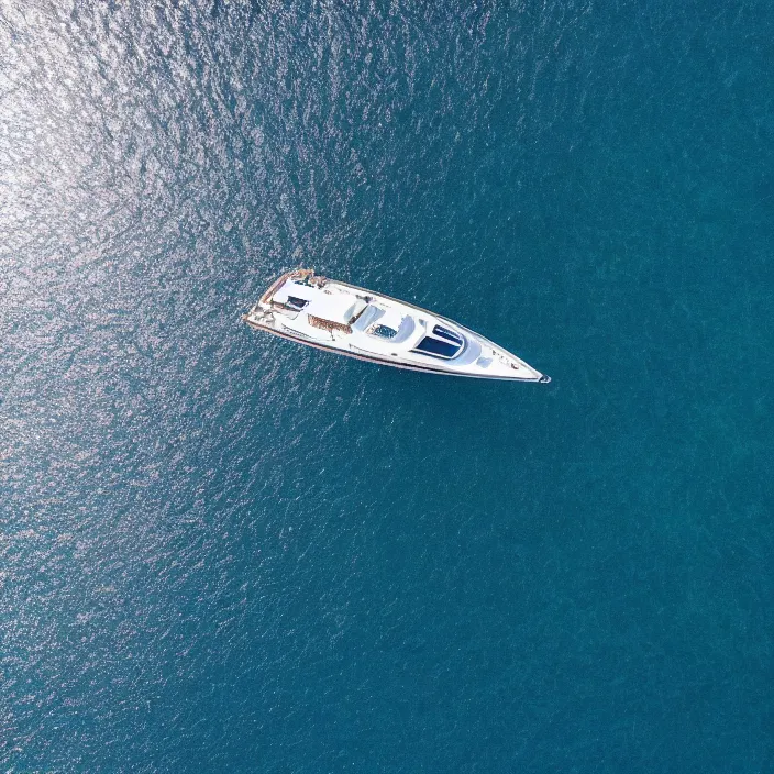 Image similar to an aerial perspective of a yacht sailing in a crystal clear ocean, photo - realistic, highly detailed