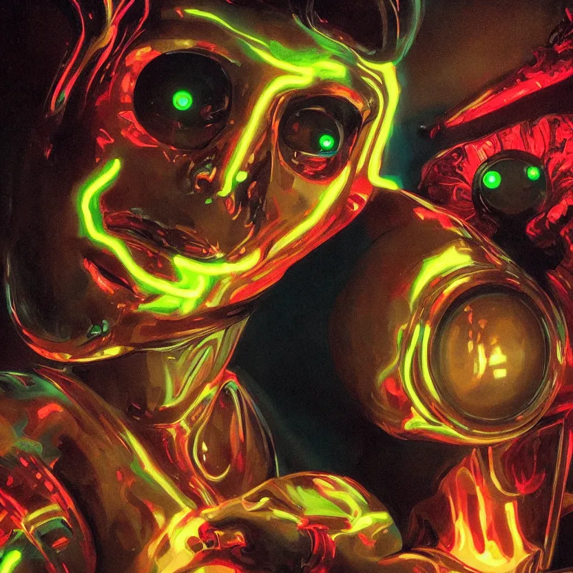 Prompt: a baroque neoclassicist close - up portrait of a colorful retrofuturistic blacklight uv cyborg figure with glowing eyes, glowing fog in the background. renaissance portrait painting. highly detailed science fiction painting by norman rockwell, frank frazetta, and syd mead. rich colors, high contrast, gloomy atmosphere, dark background. trending on artstation