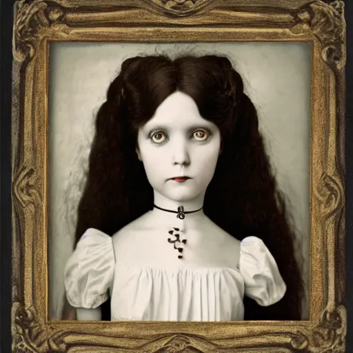 Prompt: head and shoulders portrait of a victorian gothic doll-like girl making an ASMR video on YouTube, color Graflex photograph by Mark Ryden