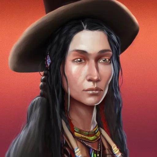 Prompt: 25 year old mixed race native american woman in the wild west, long black hair, with a ghost behind her, digital painting, artstation, sharp focus, concept art, smooth, 8k