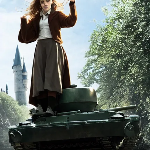 Image similar to Photo of Emma Watson as Hermione Granger on top of a tank in Hogwarts, establishing shot