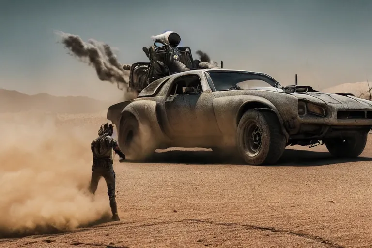 Prompt: Brian O'Connor driving his GTR in the theme of Mad Max Fury Road, XF IQ4, 150MP, 50mm, F1.4, ISO 200, 1/160s, natural light, Adobe Photoshop, Adobe Lightroom, photolab, Affinity Photo, PhotoDirector 365