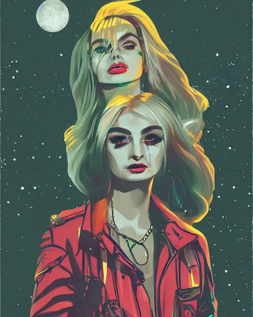 Image similar to a pulp illustration of a gorgeous kim petras in dead space, with wild blonde hair and haunted eyes, 1 9 7 0 s, space station, neon light, delicate embellishments, painterly, offset printing technique