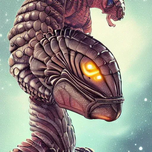 Image similar to an alien cyborg pangolin, digital art, highly detailed, fantasy, space background