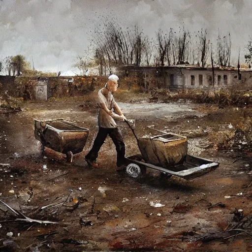 Image similar to painting by jakub rozalski of a person walking with a wheelbarrow in an abandoned post soviet town infested with root monsters