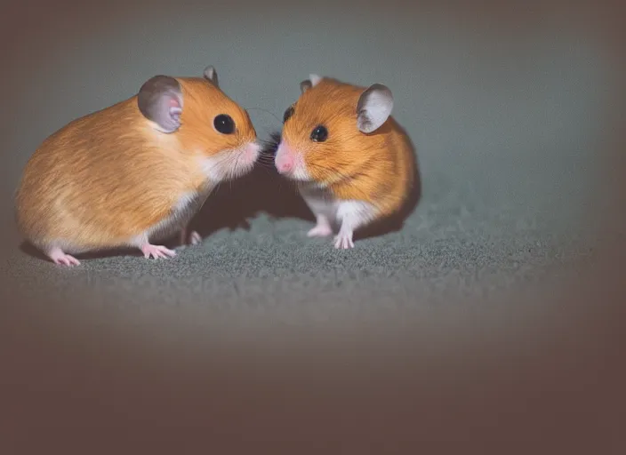 Prompt: photo of a hamsters on a date, kissing, at night, romantic, faded colors, candlelit restaurant table, cinematic color grading, various poses, soft light, well framed, sharp focus, 8 k