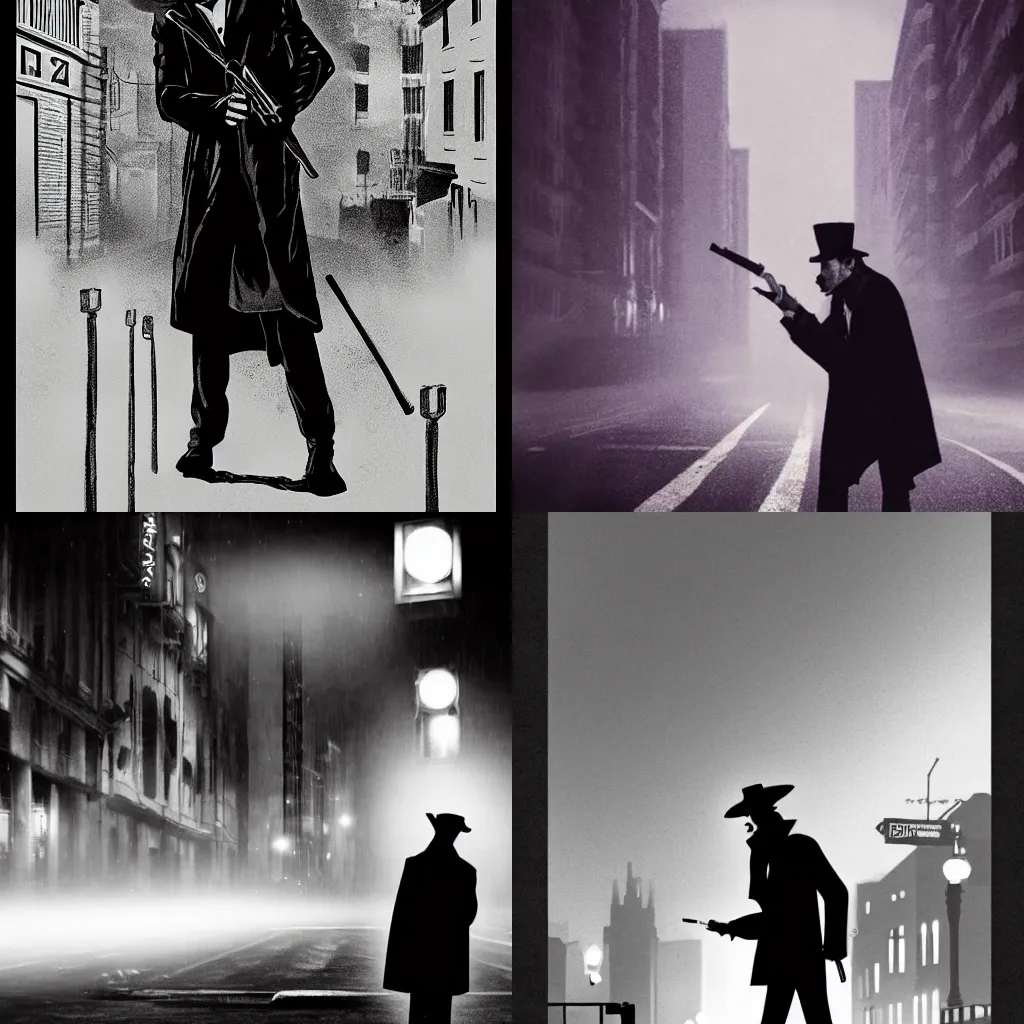 Prompt: noir movie poster of a warlock (((detective))) smoking a cig in a foggy street at night