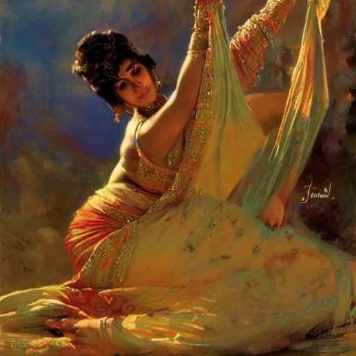Prompt: a woman wearing sari dancing. highly detailed painting by gaston bussiere, craig mullins, j. c. leyendecker 8 k