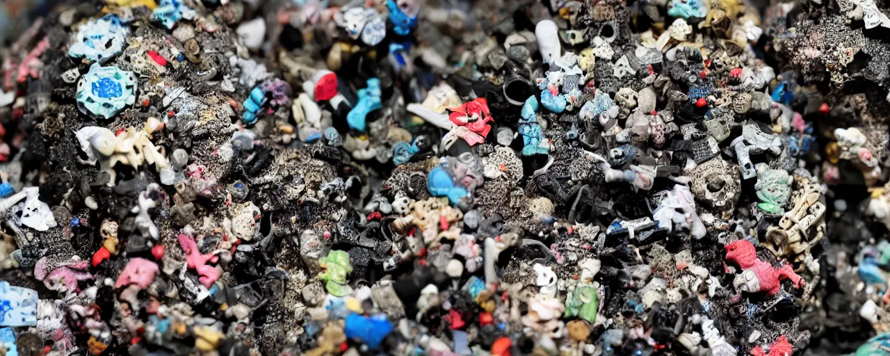 Image similar to a close up of a piece of plastiglomerate made from warhammer figures and korean beauty face masks, photographic, highly detailed