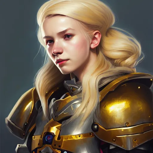 Image similar to Portrait of a girl with blonde hair wearing a heavy knight armor, Overwatch inspired, golden accents, face, fantasy, intricate, elegant, highly detailed, digital painting, artstation, concept art, smooth, sharp focus, illustration, art by Wei Fan and Fernanda Suarez and Artem Demura and alphonse mucha