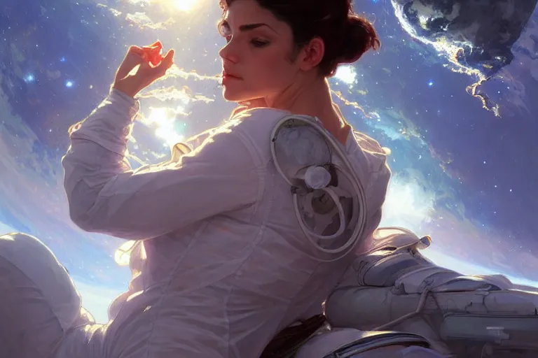 Prompt: Sensuous good looking pale young Spanish doctors wearing jeans in a space station above Earth, portrait, elegant, intricate, digital painting, artstation, concept art, smooth, sharp focus, illustration, art by artgerm and greg rutkowski and alphonse mucha