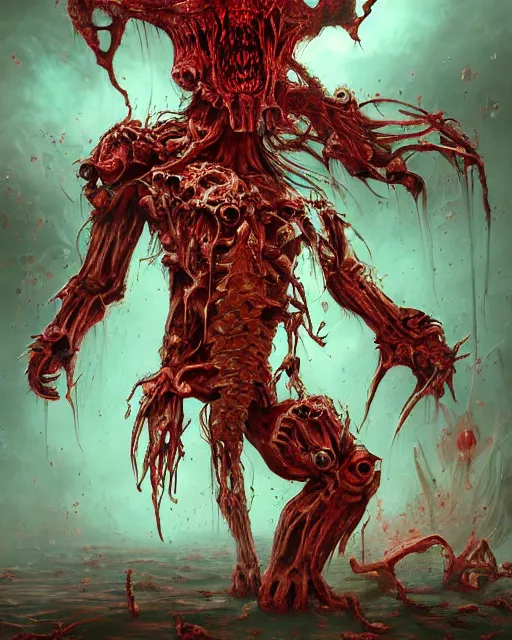 Image similar to Haunting horrifying detailed painting of a huge muscular hulking extraterrestrial flower monster made of bone and spinal cord, and bloodshot eyeballs, hyper detailed, trending on Artstation