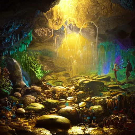 Image similar to adventurer archeologist, inside the wishing well cavern, piles of gold coins, refractive jewels, shallow water, gold refractions off water, moonlight beam from above illuminates cavern, reflective clean water on cavefloor, slick wet walls, soft glow fungi, small flowing stream from wall, lichen patches, gold dappled lighting, movie poster painting