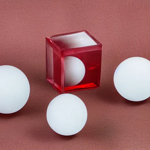 Prompt: selenite spheres on a red cube