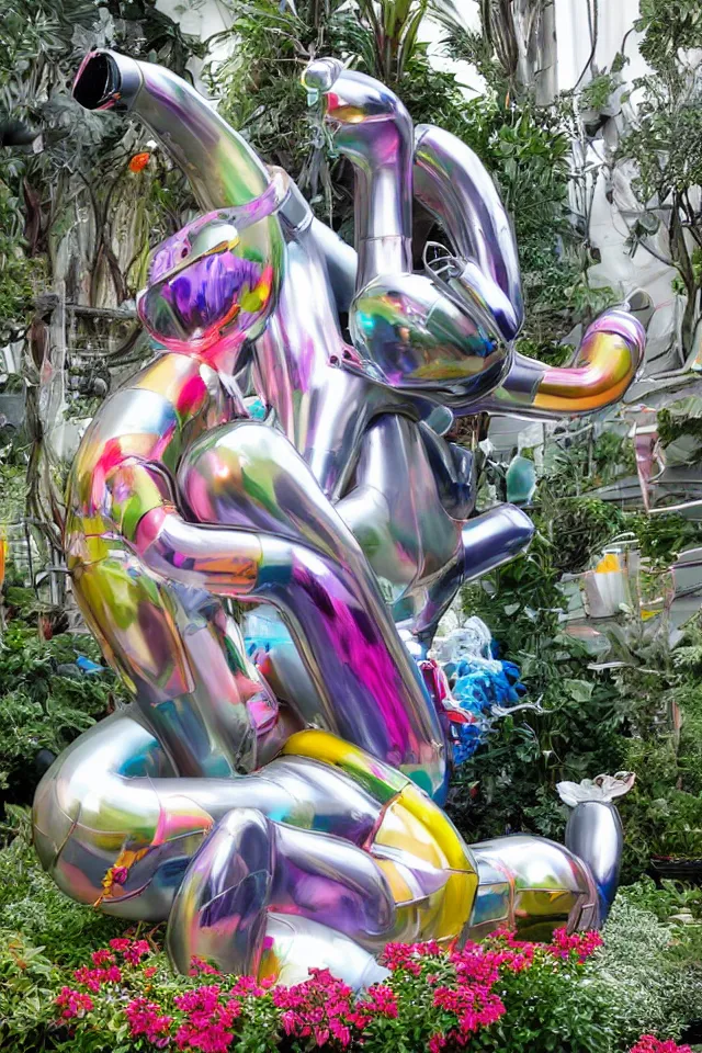 Image similar to close - up of a cyborg chrome nymph statue wrestling with a giant inflatable flamingo pool float, surrounded by medinilla magnifica flowers and smoke, by jeff koons, hajime soryama, boris vallejo, artgerm, greg rutkowski, alphonse mucha