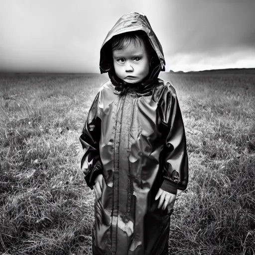 Image similar to stunning portrait photography of A sad child wearing boots, leggings and a raincoat, near forest, outdoors, dark from national geographic award winning, large format dramatic lighting, taken with canon 5d mk4, sigma art lens, monochrome