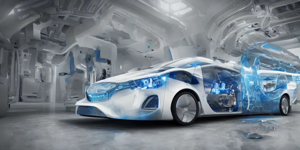 Image similar to hydrogen fuel cell vehicle, wide angle, intricate details, octane rendering.