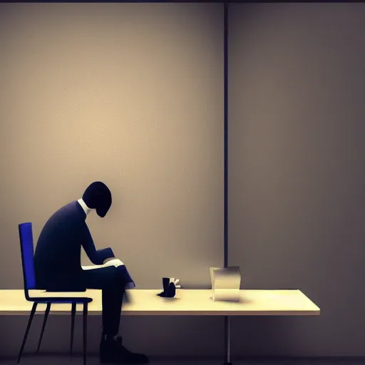 Prompt: surreal digital art of sad man in sitting in depressing corporate cubicle Cinematic, side view, dull blue lighting, trending on artstation