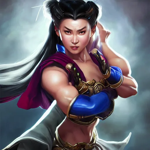 Image similar to Chun-Li in a fight pose, portrait, fantasy, medieval, beautiful face, vivid colors, elegant, concept art, sharp focus, digital art, Hyper-realistic, 4K, Unreal Engine, Highly Detailed, HD, Dramatic Lighting by Brom, trending on Artstation