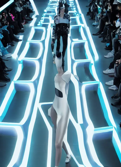 Image similar to hyperrealistic and heavy detailed balenciaga runway show of tron, leica sl 2 5 0 mm, vivid color, high quality, high textured, real life