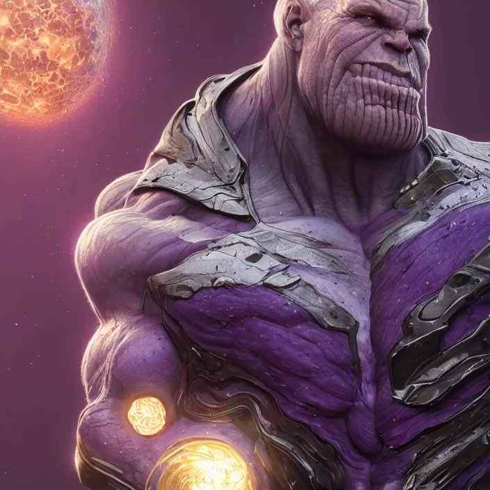 Image similar to thanos, au naturel, hyper detailed, digital art, trending in artstation, cinematic lighting, studio quality, smooth render, unreal engine 5 rendered, octane rendered, art style by klimt and nixeu and ian sprigger and wlop and krenz cushart