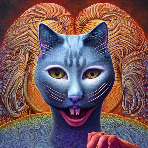 Image similar to a cat having an ego trip, by alex grey, by Esao Andrews and Karol Bak and Zdzislaw Beksinski and Zdzisław Beksiński, trending on ArtStation