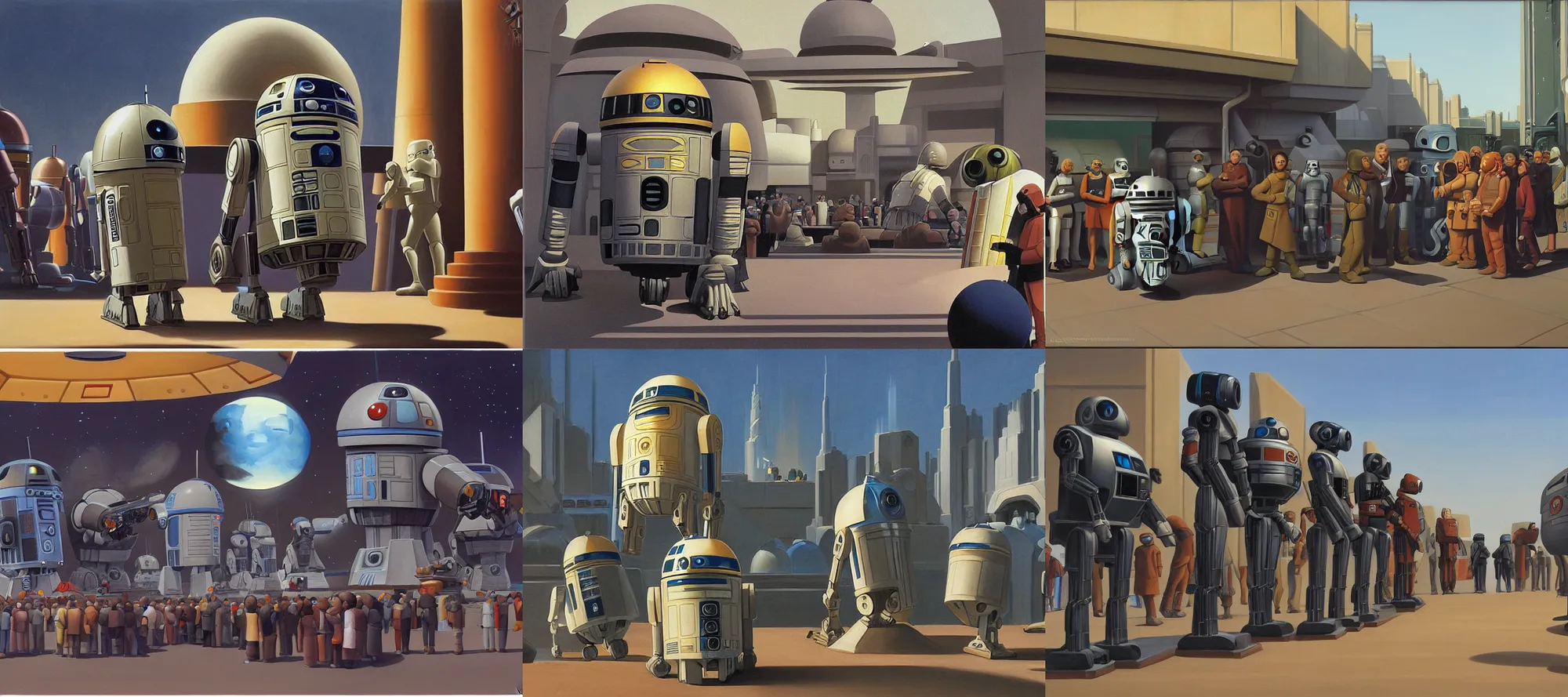 Prompt: droid auction in coronet city painting by ralph mcquarrie