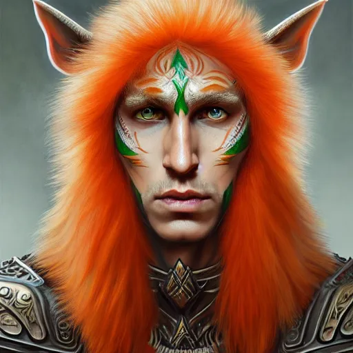 Prompt: portrait painting of a very young elven man with short light orange hair and tribal tattoos on his face wearing fur armor, sharp focus, award - winning, trending on artstation, masterpiece, highly detailed, intricate. art by james ryman