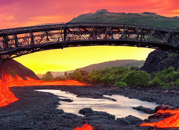 Prompt: An large iron bridge across a river of lava with a mountain range in the distance, digital art, golden hour, very detailed, dramatic