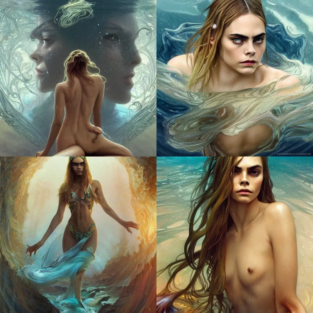 Prompt: cara delevigne full body underwater , intricate, elegant, highly detailed, digital painting, artstation, concept art, smooth, sharp focus, illustration, art by artgerm and greg rutkowski and alphonse mucha 4K IMAX hyperrealistic Salvador Dali renaissance painting very very very beautiful