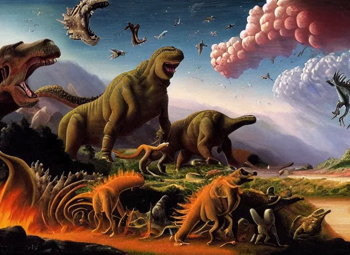 Image similar to earth during the cretaceous – paleogene extinction event, just as the asteroid is colliding with earth, dinosaurs from that era panicing and running in the far background, in the style of hudson river school of art, oil on canvas