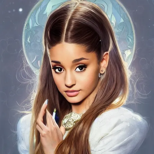 Image similar to Ariana Grande with a mustache, intricate, elegant, highly detailed, centered, digital painting, artstation, concept art, smooth, sharp focus, illustration, art by artgerm and H R Giger and alphonse mucha