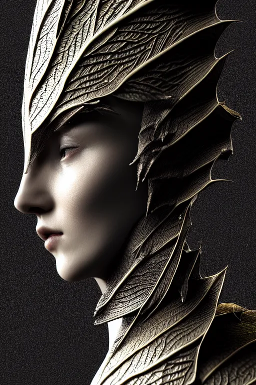 Image similar to bw close - up profile face, black background, beautiful young porcelain vegetal - dragon - cyborg - female, 1 5 0 mm, beautiful natural soft rim light, silver gold details, magnolia leaves and stems, roots, mandelbot fractal, elegant, hyper real, ultra detailed, white metallic armour, octane render, 1 6 k