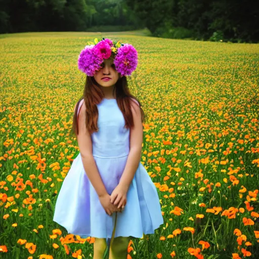 Prompt: flowerheaded girl in flowerfield