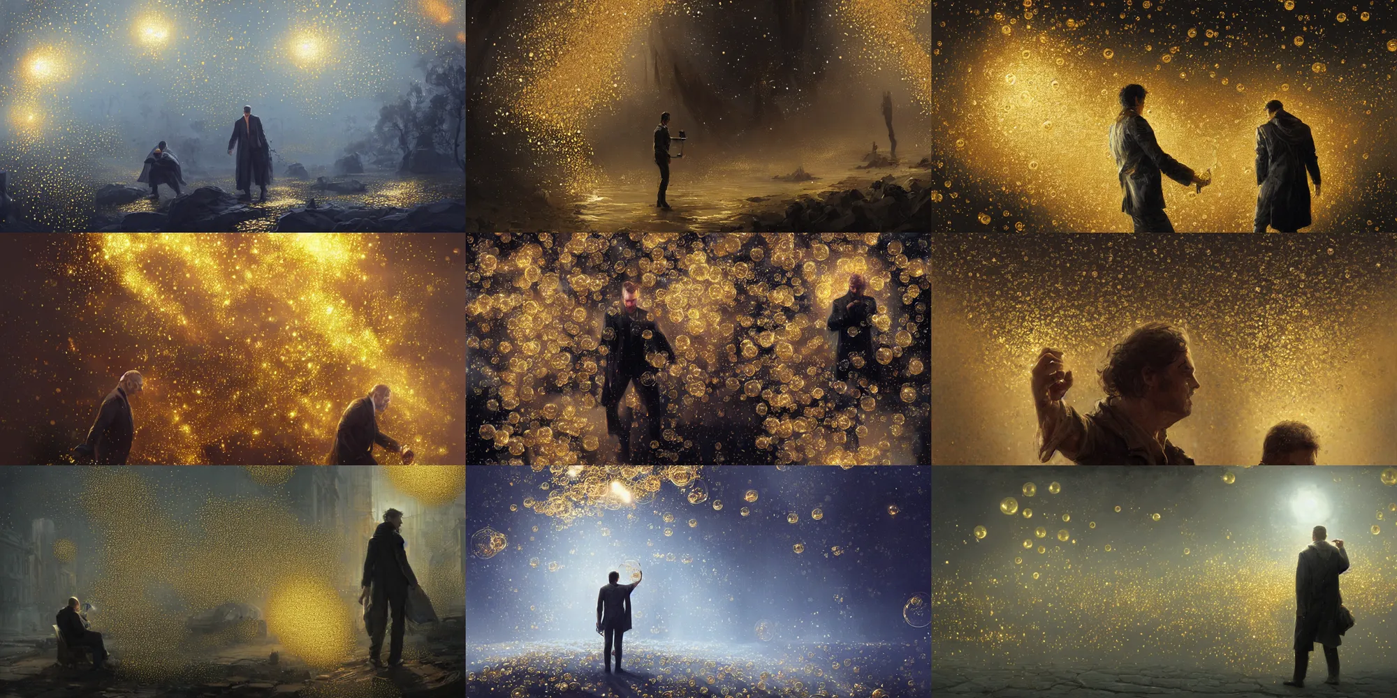 Prompt: swarm of iridescent golden bubbles surrounding a man, by greg rutkowski