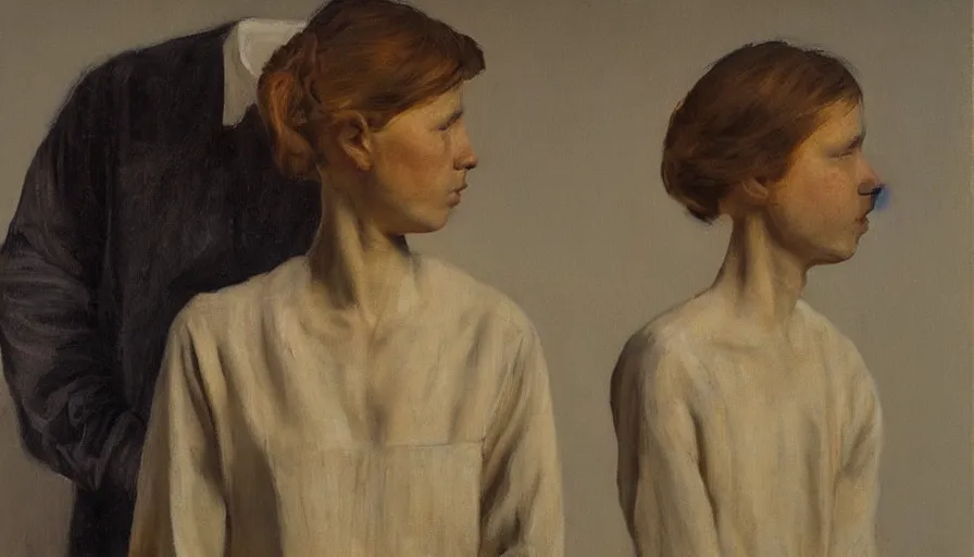 Image similar to painting by borremans, a man and woman with vase instead of the head, detailed, stunning