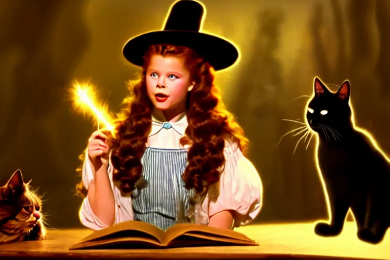 Prompt: close up portrait, dramatic lighting, teen witch calmly pointing a magic wand casting a spell over a large open book on a table with, short hair, cat on the table in front of her, sage smoke, a witch hat cloak, apothecary shelves in the background, still from the wizard of oz and peter pan