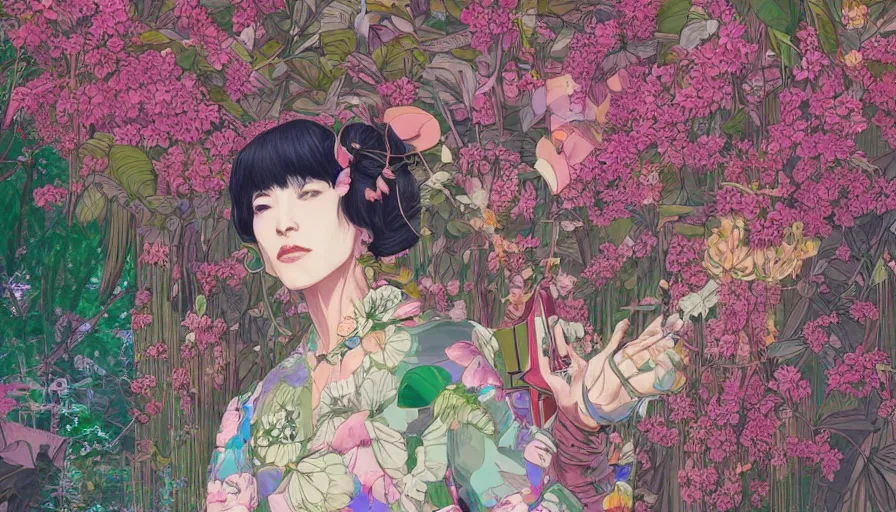 Image similar to a digital painting of a woman wearing gucci exploring a magical japanese temple, lush plants and flowers, eco - cyberpunk art by james jean, cgsociety, retrofuturism, anime aesthetic, chromatic, iridescent