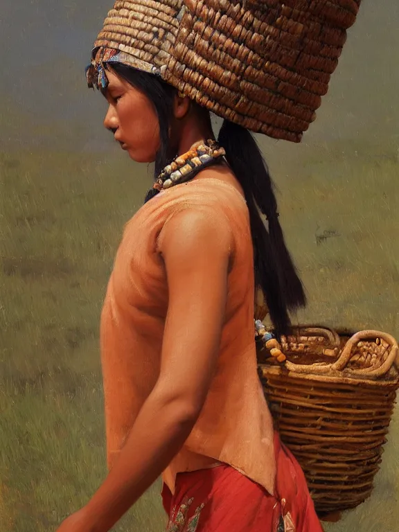 Prompt: an ultradetailed beautiful portrait painting of an female tribe native carrying a basket on her head on the road, side view, oil painting, high resolution, by ilya kuvshinov, greg rutkowski and makoto shinkai