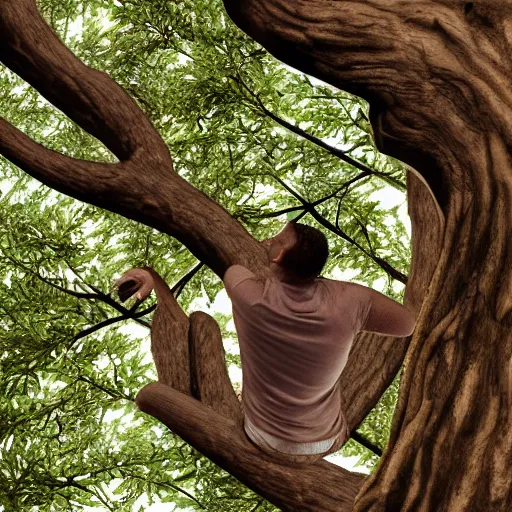 Image similar to streatchy dude trying to reach an apple on a very high tree, digital art, 8K