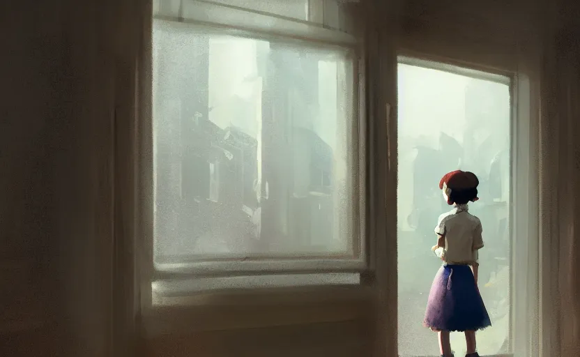 Prompt: a girl in a skirt looks out the window at megopolis, painting by Craig Mullins, octane rendering, soft morning lighting, wide angle lens, in the style of Hayao Miyazaki, trending on artstation,