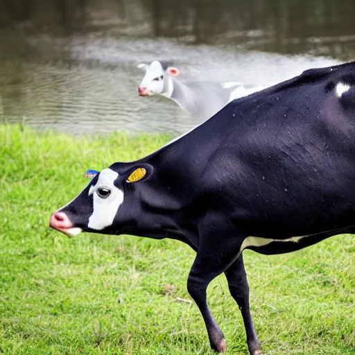 Image similar to a hybrid cow goose quacking at people