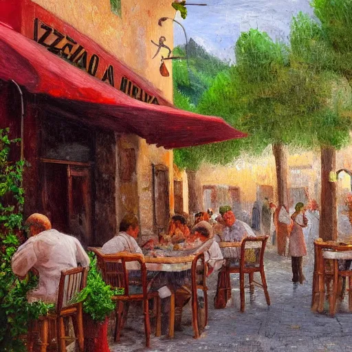 Image similar to a traditional pizzeria in the street of a small village on the riviera. a terrace in the shade of a hundred - year - old olive tree, a friendly atmosphere around pizzas and rose wine. dolce vita. unreal engine rendering, hyper realist, ultra detailed, oil painting, warm colors, happy, impressionism, da vinci,