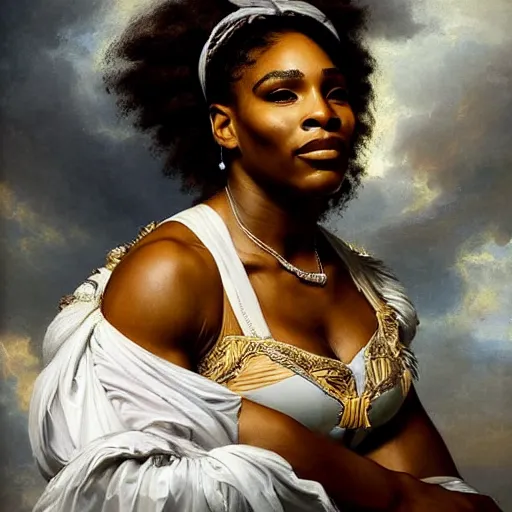 Prompt: Serena Williams as Nike Goddess portrait, wings, luxuriant, dreamy, eternity, romantic, highly detailed, in the style of Franz Xaver Winterhalter, highly detailed, in the style of Aetherpunk