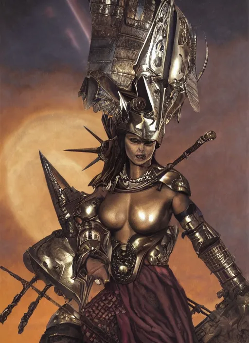 Prompt: dynamic pose! symmetry! closeup portrait of a biblical diabolical pirate female pharaoh, stylish cyborg armor, on a pirate ship, in clouds, strong studio lights, thunder, storm, sunset, by gerald brom, by mikhail vrubel, by peter elson, high contrast, muted colors, extreme detail, mirrors, trending on artstation, 8 k