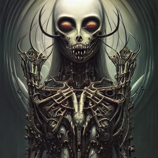 Image similar to a portrait of a beautiful biomechanical goddess of death, horror concept art by giger and beksinski and szukalski and wlop and pete mohrbacher, digital art, highly detailed, intricate, sci-fi, sharp focus, Trending on Artstation HQ, deviantart, unreal engine 5, 4K UHD image