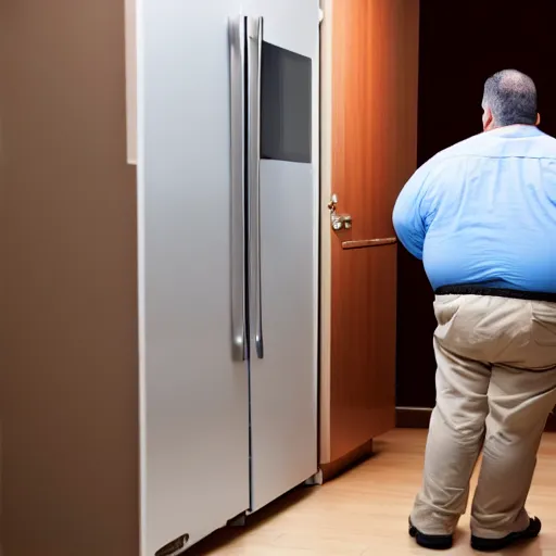 Prompt: obese landlords inspecting tenant refrigerator at night, surveillance camera