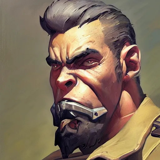 Image similar to greg manchess close - up portrait painting of a ruggedly handsome dieselpunk orc general with olive green skin as an overwatch character, medium shot, asymmetrical, profile picture, organic painting, sunny day, matte painting, bold shapes, hard edges, street art, trending on artstation, by huang guangjian and gil elvgren and sachin teng