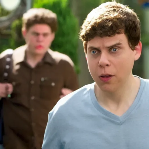 Image similar to Live Action Still of Jerma in Superbad, real life, hyperrealistic, ultra realistic, realistic, highly detailed, epic, HD quality, 8k resolution, body and headshot, film still