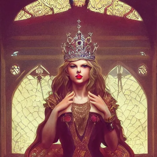 Image similar to Taylor Swift sitting on a majestic throne wearing a crown, D&D style, fantasy, intricate, elegant, highly detailed, digital painting, artstation, concept art, matte, sharp focus, illustration, art by Artgerm and Greg Rutkowski and Alphonse Mucha